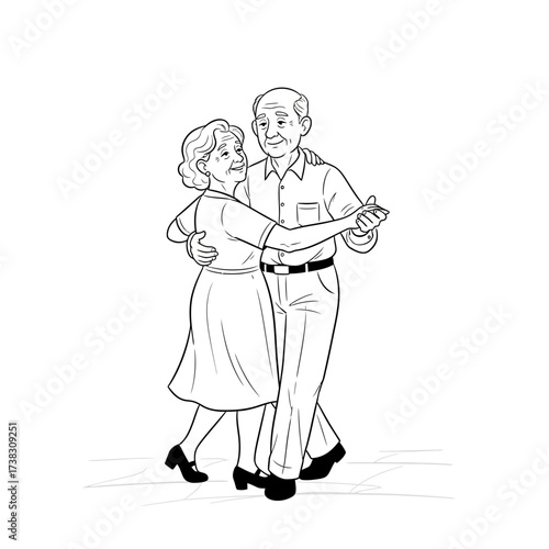 Elderly couple dancing line art sketch graceful embrace, love, companionship, timeless affection, black and white minimalist illustration isolated on white background.
