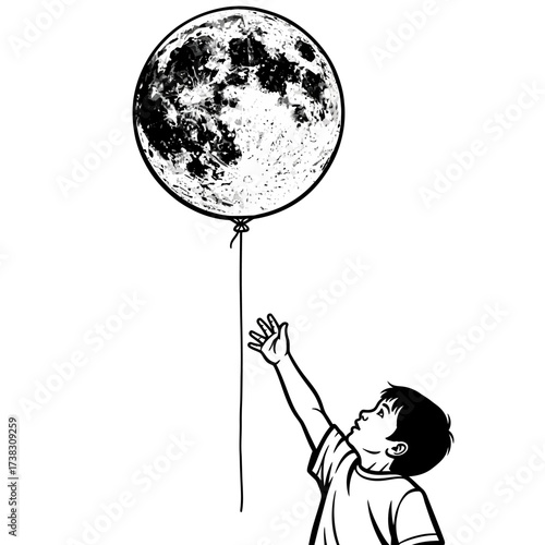 Boy reaching moon balloon illustration whimsical childhood dreams sketch, imagination, fantasy line art isolated on white background black and white artwork.