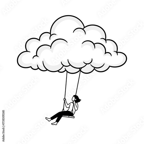 Girl swinging on cloud line art illustration whimsical fantasy artwork, imagination, dreams, minimalist black and white drawing isolated on white background sketch.