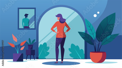 A person starting each day by looking in the mirror and reminding themselves of their worth and capabilities.. Vector illustration