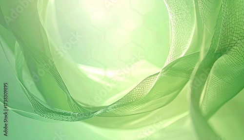 Abstract green gradient texture with translucent mesh curves, soft glow, and faint hexagonal geometry evoking organic futurism.