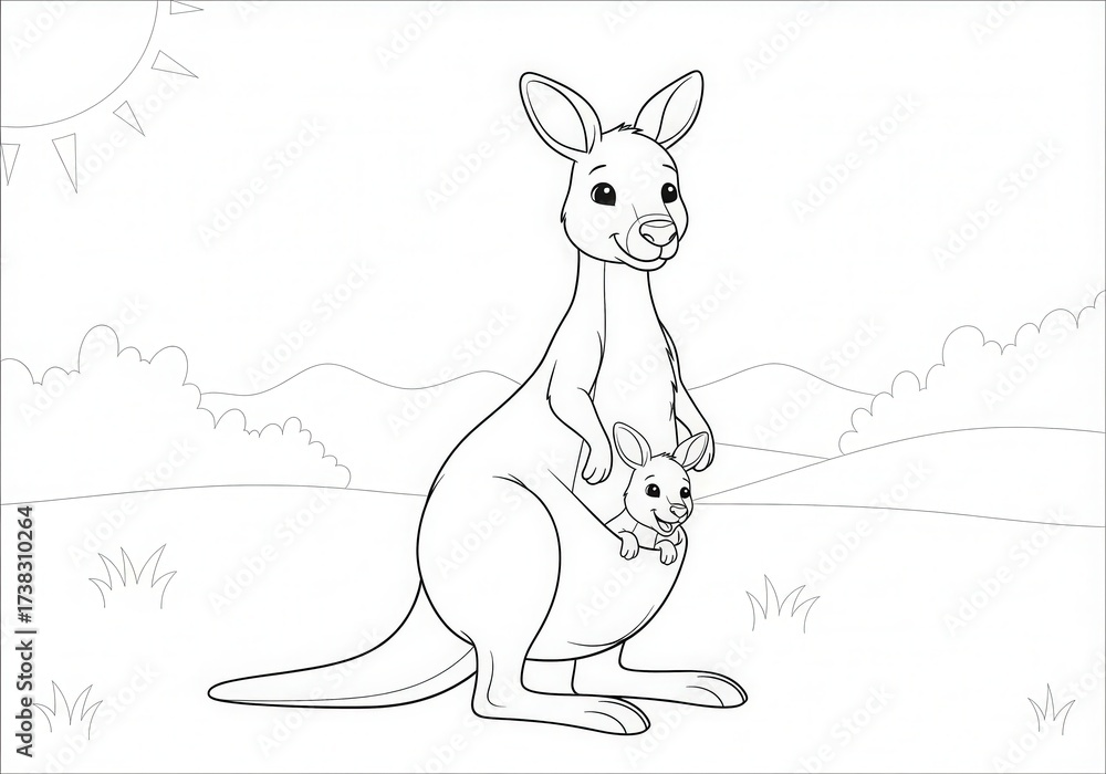 Obraz premium Cute Kangaroo with Baby in Pouch in a Scenic Landscape Illustration for Creative Projects
