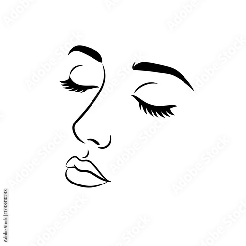 Woman face profile line drawing minimalist sketch, black and white continuous line art, elegant feminine beauty, subtle curves isolated on white background.