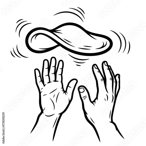 Hands tossing pizza dough sketch black and white culinary illustration, food art, dynamic playful line drawing isolated on white background restaurant design.