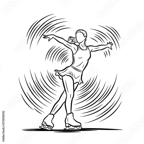 Female figure skater spinning illustration graceful motion line art, athletic dance sketch, sports artwork isolated on white background winter-themed design.