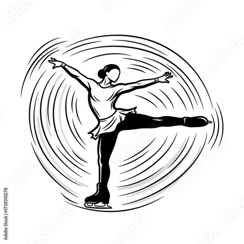 Figure skater spiral pose illustration elegant balance, skill, dynamic line art, black and white sports sketch isolated on white background winter artwork.
