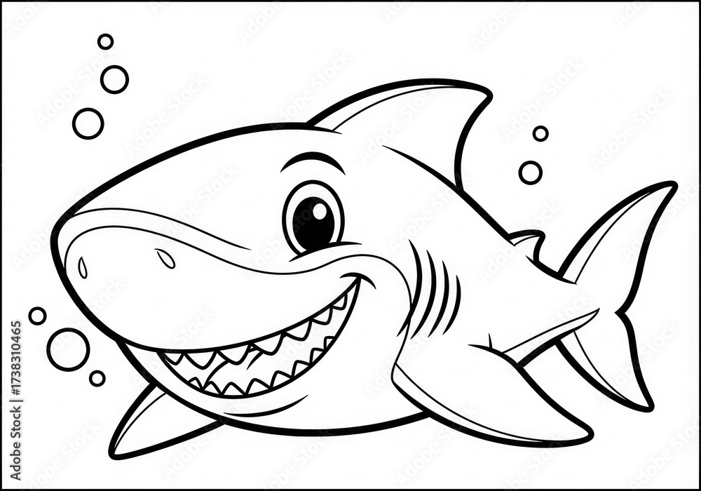 Fototapeta premium Happy Cartoon Shark Swimming in Ocean with Bubbles and Playful Expression for Kids