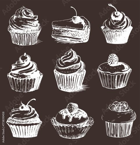 set of hand-drawn vector cupcakes