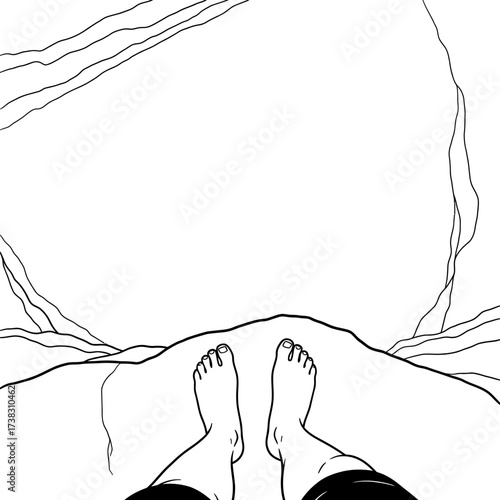 Person on cliff line drawing conceptual minimalist sketch, adventure, risk, exploration, black and white artwork isolated on white background symbolic design.