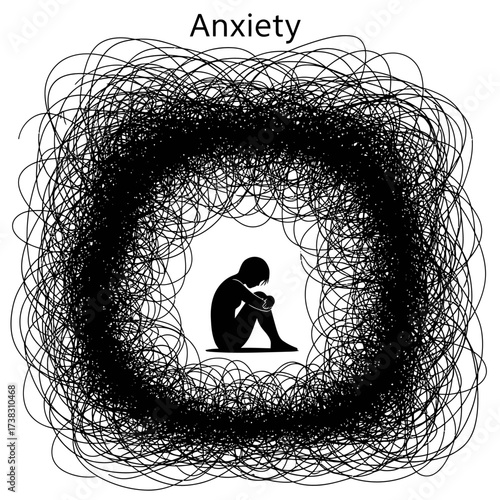 Person tangled in chaotic lines sketch anxiety conceptual artwork, mental health struggles, depression line art, abstract drawing isolated on white background.