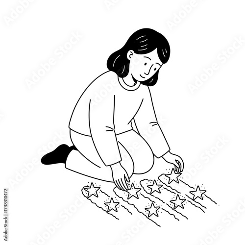 Girl arranging stars line drawing whimsical childhood imagination sketch, wonder, innocence artwork isolated on white background minimalist conceptual design.