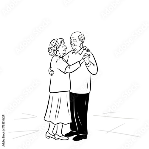 Elderly couple dancing illustration graceful line art, love, affection, timeless joy, companionship, minimalist black and white drawing isolated on white background artwork.