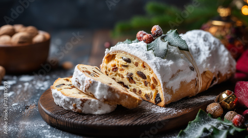 Traditional Christmas stollen with powdered sugar and dried fruits, garnished with holly and festive decorations
