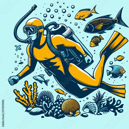 premium vector illustration of a diver on sea