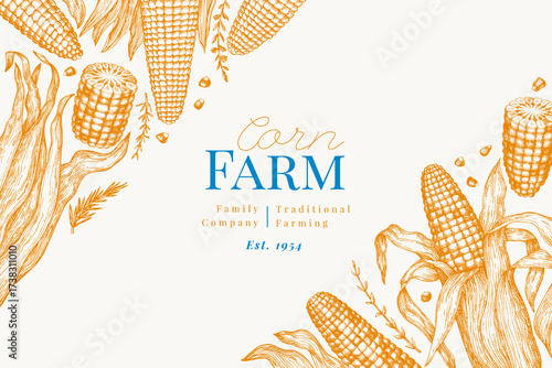 Hand Drawn Vector Sweet Corn Illustration. Not AI Generated. Autumn Seasonal Background. Fall Season Farm Banner. Vintage Harvest Design Template.