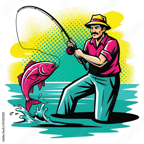 Excited fisherman reels in a vibrant pink fish leaping from splashing water, vibrant yellow and teal background
