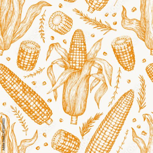 Hand Drawn Vector Sweet Corn Seamless Pattern. Not AI Generated. Autumn Seasonal Background. Fall Season Farm Illustration. Vintage Harvest Wallpaper.