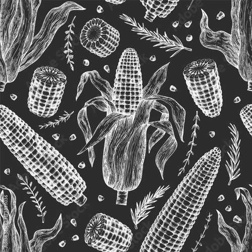 Hand Drawn Vector Sweet Corn Seamless Pattern. Not AI Generated. Autumn Seasonal Chalk Board Background. Fall Season Farm Illustration. Vintage Harvest Wallpaper.
