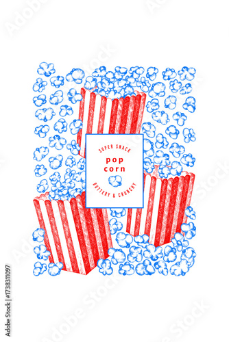 Hand Drawn Vector Pop Corn Illustration. Not AI Generated. Movie Night Background. Old Fashioned American Culture Banner. Vintage Popcorn Design Template.