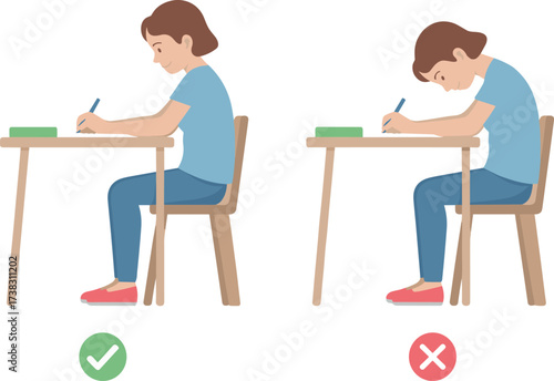 Correct and incorrect sitting posture illustration of girl writing at desk, educational vector design for ergonomics, health awareness, school learning, body alignment