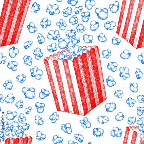 Hand Drawn Vector Pop Corn Seamless Pattern. Not AI Generated. Movie Night Background. Old Fashioned American Culture Illustration. Vintage Popcorn Design.