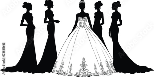 Elegant wedding fashion silhouette: vector illustration of a loving bride and groom couple in a beautiful evening dress and gown