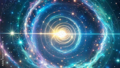 In a hyper-realistic 3D scene, a radiant core emits concentric rings through a dark cosmos, captured in sharp 4K detail with subtle reflections and lens flare.