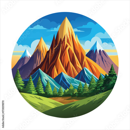 Vibrant stylized mountain range landscape with trees and sky