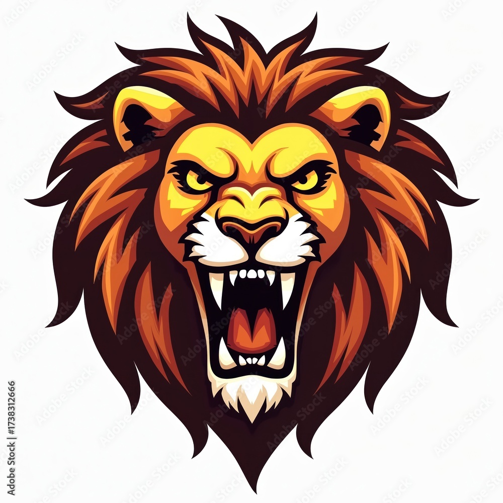 Naklejka premium Visual illustration of a fierce lion head with open mouth and sharp teeth. The lion has a golden mane and yellow eyes. The graphic is on a white background.