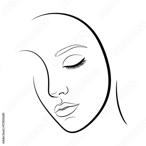 Minimalist woman face line art drawing elegant, simple, fashion illustration, beauty sketch, black and white continuous line artwork isolated on white background design.