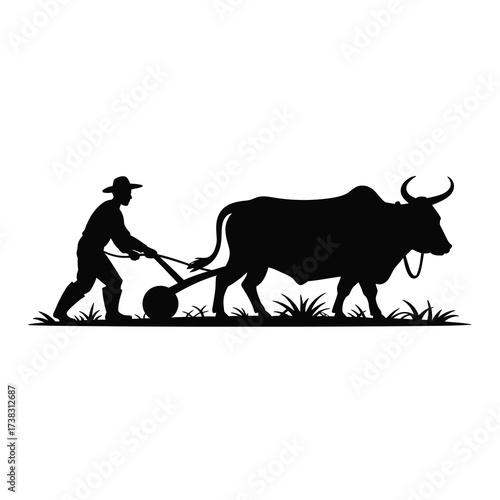 Farmer silhouette plowing field with ox traditional agriculture scene