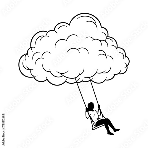 Girl on swing hanging from cloud illustration black and white line art, dreamy childhood imagination artwork, fantasy whimsical sketch isolated on white background design.