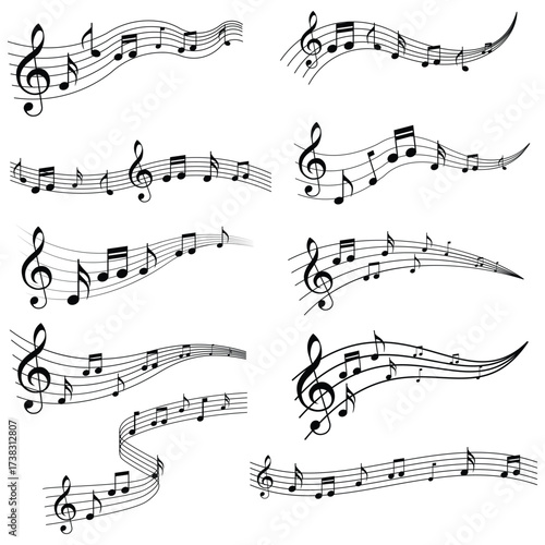 Music notes wavy line based pattern icon vector set, group musical notes wave line with Music music keys icon set on white background. Vector illustration.	