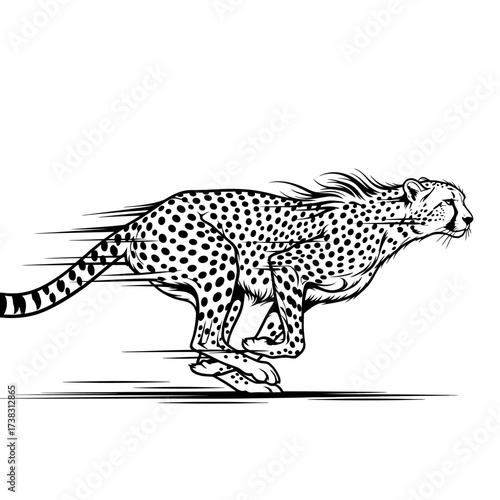 Cheetah running full speed illustration dynamic animal sketch, spotted coat, athletic movement, black and white line art isolated on white background drawing.