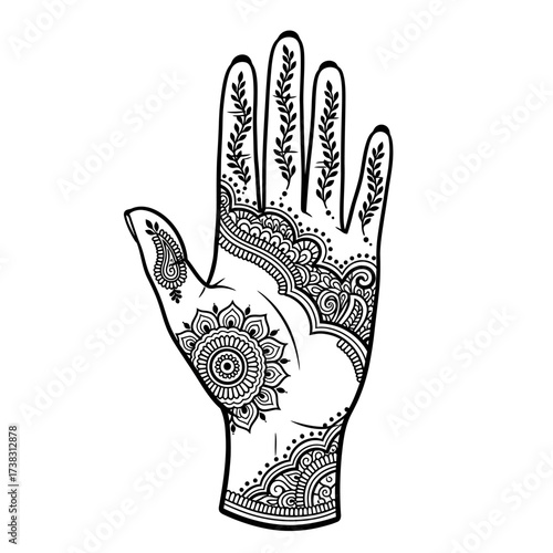 Intricate henna hand art illustration mehndi design, floral motif line drawing, cultural artwork, traditional tattoo pattern sketch isolated on white background artwork.