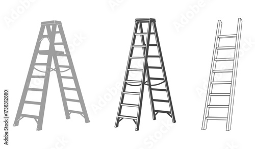 Three different styles of ladders on white background step ladder extension ladder