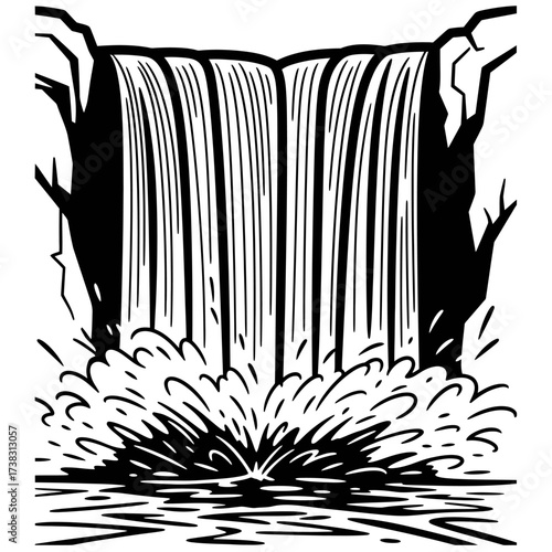 Waterfall sketch black and white line art rocky cliff cascade illustration, detailed nature drawing, splash water artwork isolated on white background minimalist design.