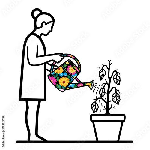 Woman watering potted plant sketch floral watering can, black and white minimalist drawing, growth, nature, care artwork, conceptual line art isolated on white background.