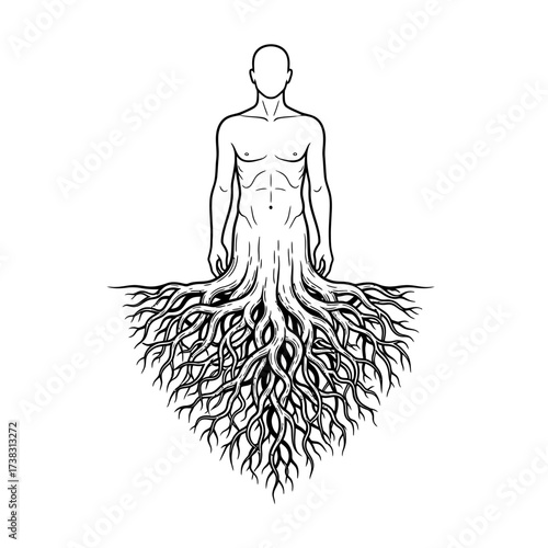 Human figure with roots illustration symbolic nature line art, foundation of life, black and white minimalist sketch isolated on white background conceptual growth design.