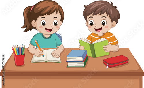 Happy children studying together at school desk, boy reading book and girl writing in notebook, cartoon vector illustration for education, learning, classroom, teaching