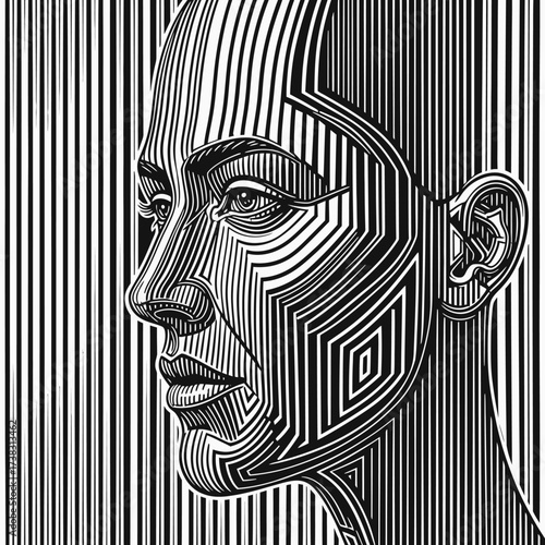 Black and white portrait geometric line art human face, abstract sketch, modern minimalist illustration, artistic graphic design isolated on white background drawing.