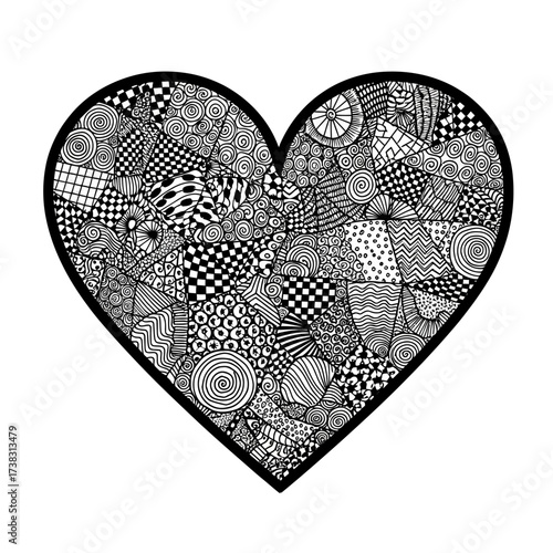 Intricate black and white heart design sketch filled with patterns, line art, conceptual love illustration, unique decorative artwork isolated on white background drawing.