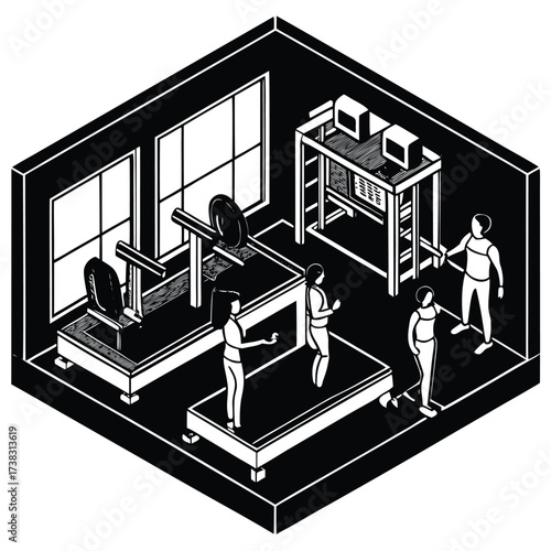 3D isometric illustration vector of a factory building with an adjacent detached house