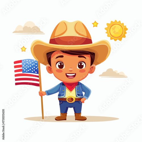 Petit personnage cartoon avec drapeau et cowboy