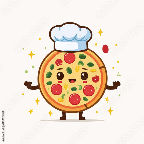 Petit personnage cartoon avec pizza et toque