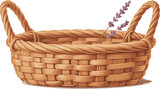 Empty wicker basket with rope handles and lavender flower decoration, realistic handwoven container vector illustration for storage, picnic, food, rustic home design