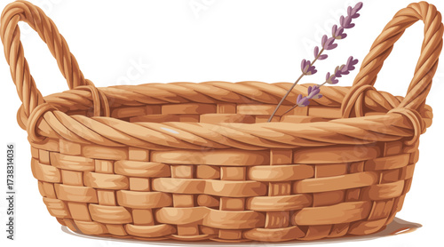 Empty wicker basket with rope handles and lavender flower decoration, realistic handwoven container vector illustration for storage, picnic, food, rustic home design