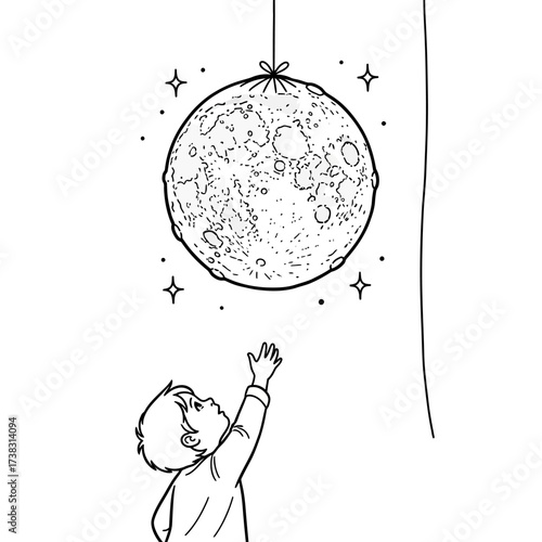 Child reaching moon with stars sketch whimsical line art, imagination, dream, hope, wonder, minimalist conceptual illustration isolated on white background artwork.
