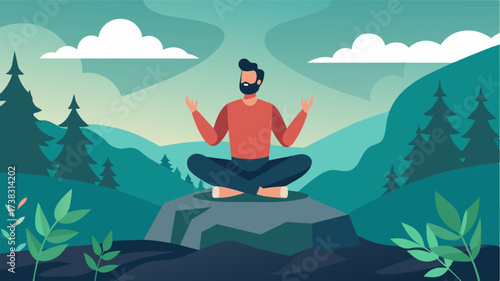In a serene forest setting a man stands on a large rock his arms raised above his head as he meditates and connects with the natural environment while incorporating mindfulness. Vector illustration