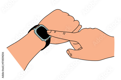 Hand-drawn colored outline vector illustration of hands wearing a smartwatch and touching the device, modern digital wearable tech design, isolated on transparent background